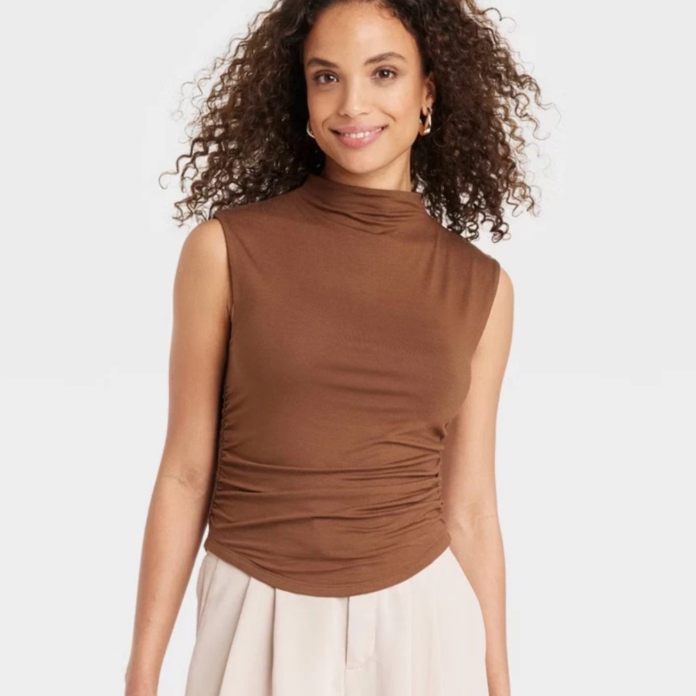 A New Day Brown Mock Neck Tank Top with Ruched Sides
